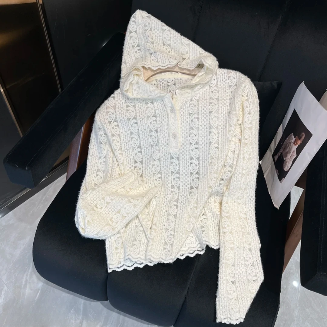 花朵戴帽仙仙蕾丝上衣2025新款春设计感拼接连帽衫气质高级感时尚