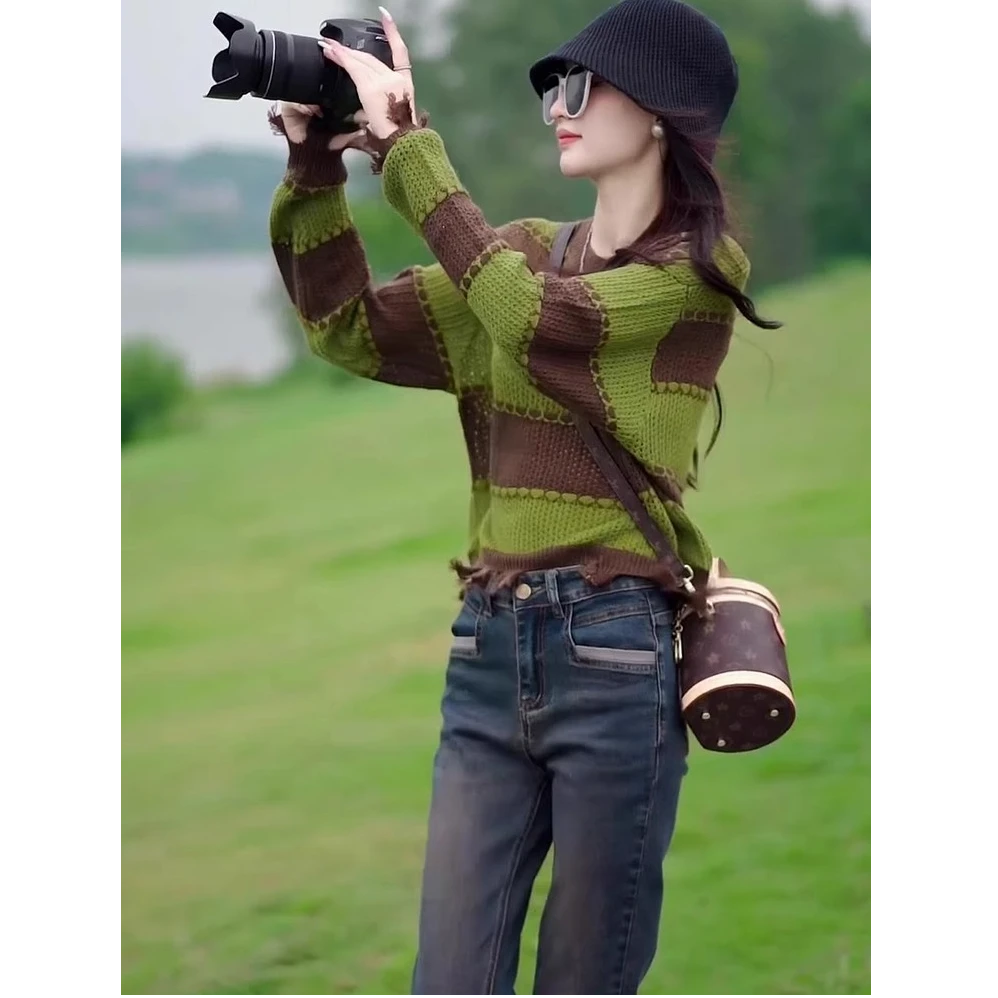 镂空拼色针织衫女上衣秋装外搭新款2025短款欧货流行漂亮毛衣外套