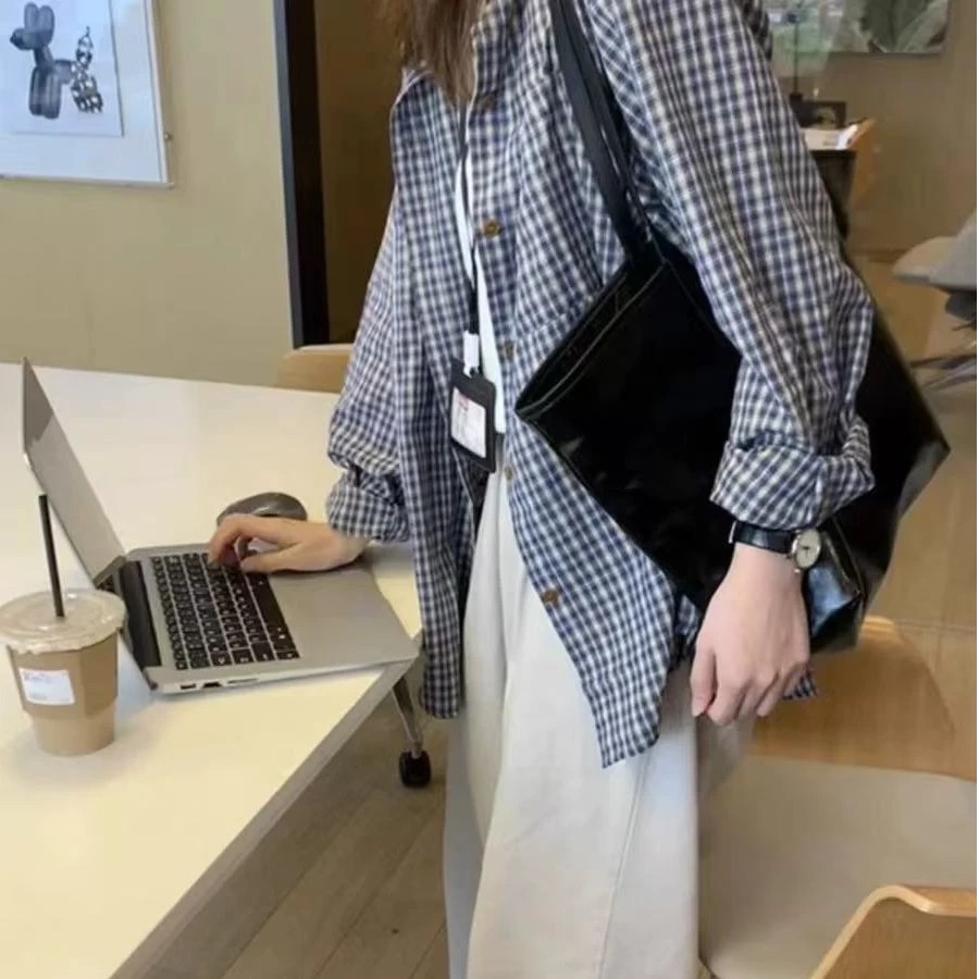 003-小众韩系格子衬衫女百搭宽松慵懒风上衣外搭格纹衬衣外套