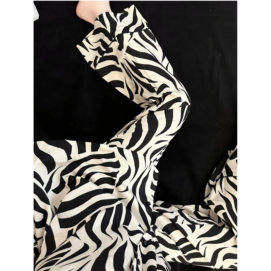 简约高级感斑马纹睡衣女夏季2025新款大码长袖长裤家居服套装外穿