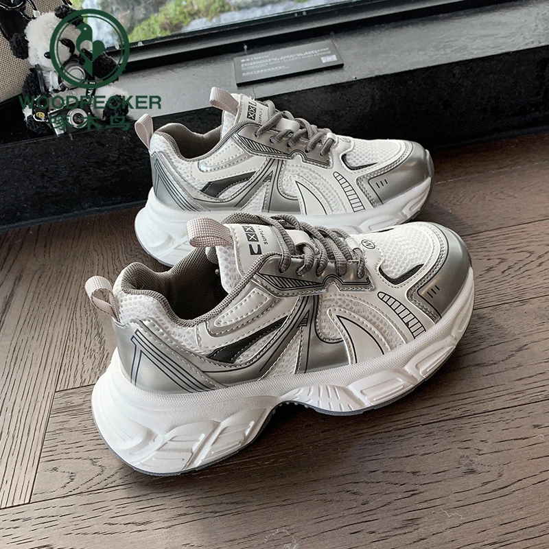 啄木鸟百搭网面老爹鞋爆款女鞋2025春季厚底小个子增高休闲运动鞋