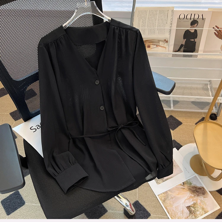 3560大码女装胖妹妹收腰显瘦遮肚减龄V领长袖上衣2736