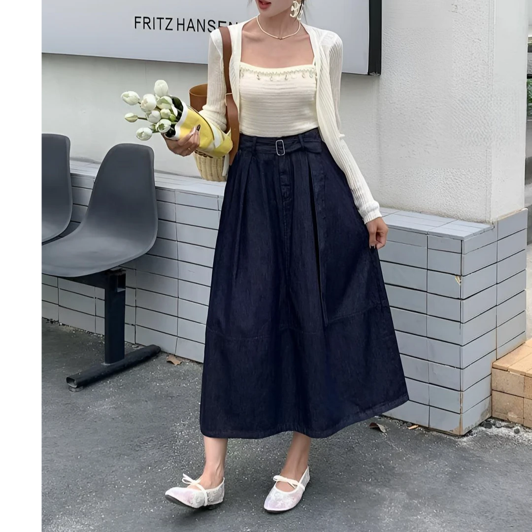 欧货2025夏季新款高腰长款高端配牛仔腰带牛仔半身裙女气球裙潮