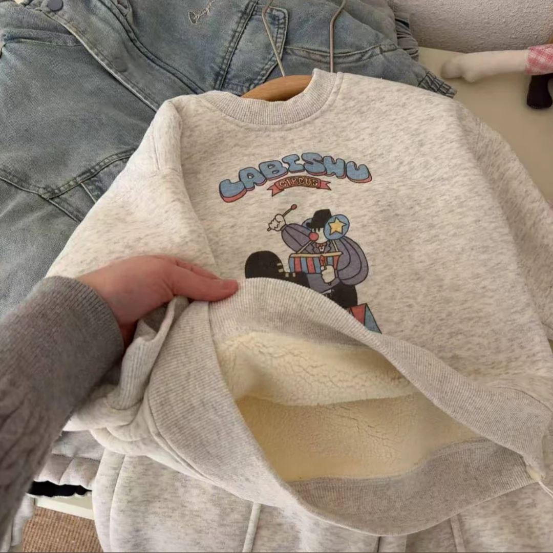 男童加绒加厚卫衣2025秋冬新款韩系中小童儿童圆领卡通印花上衣潮