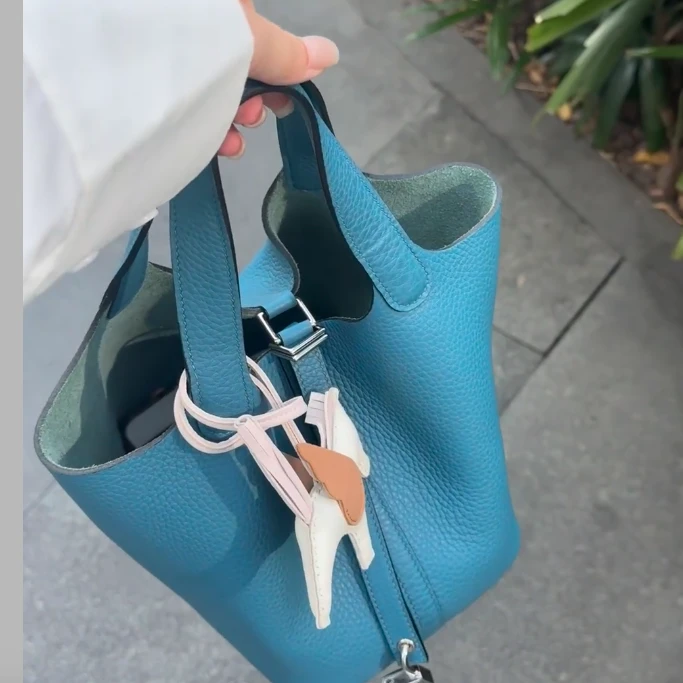 95新 Hermes/爱马仕 小花Jerry 菜篮子 18 牛仔蓝 手提包