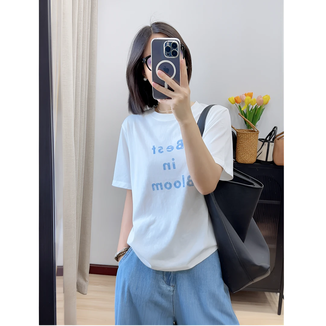 夏季韩系风简约字母印花圆领ol短袖t恤衫女薄款透气宽松百搭上衣