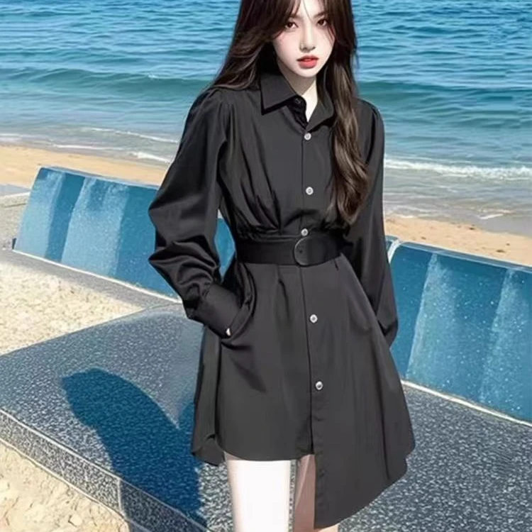 不规则裙长袖连衣裙短裙中长款气质黑色春季显瘦高腰时尚收腰