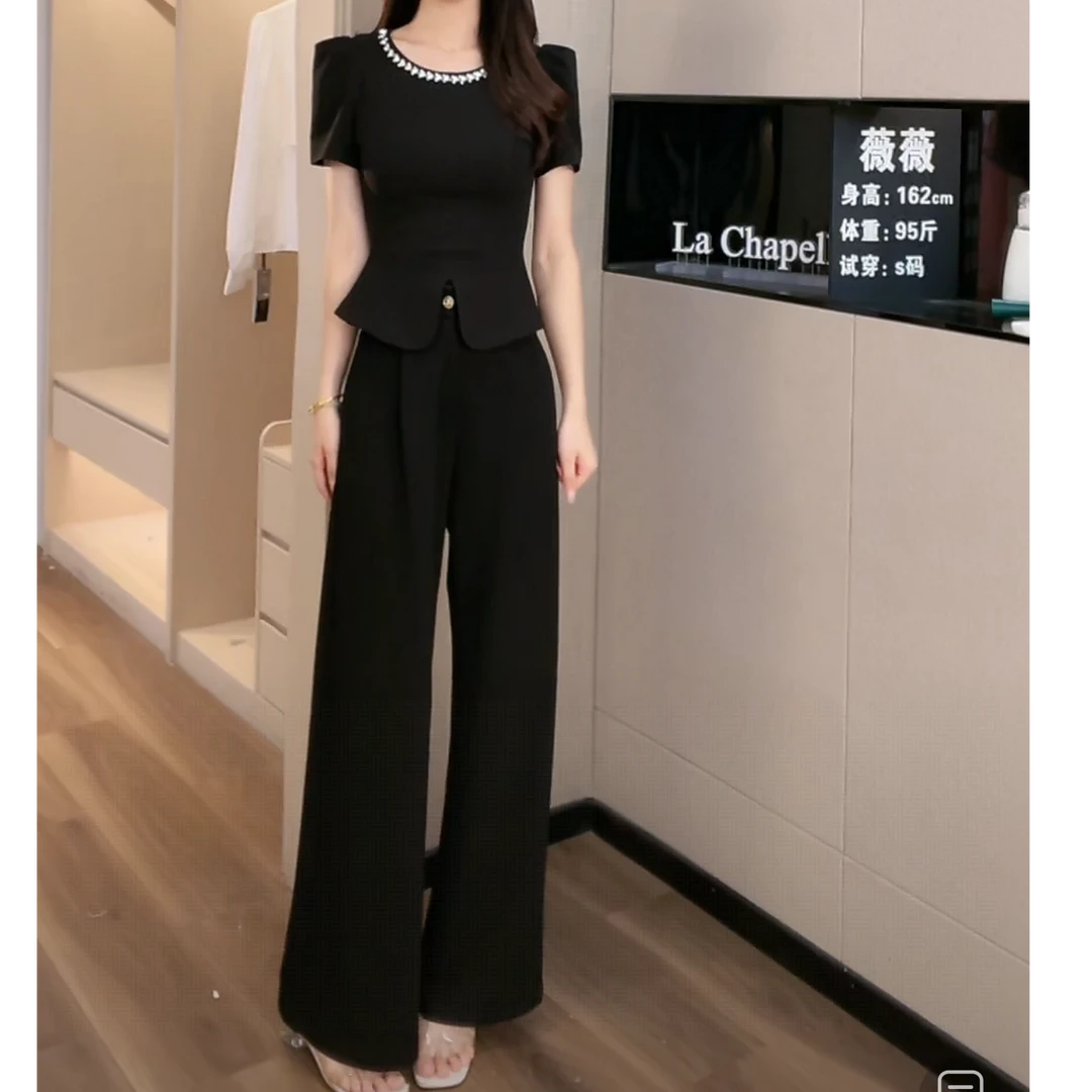 拉夏贝尔/25夏季法式赫本风重工显瘦洋气短袖上衣+裤子 10377 LSC