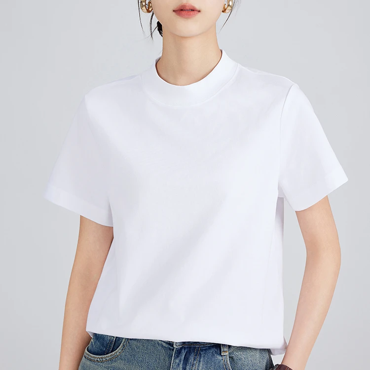 女士匹马棉圆领T恤夏季新品宽松后中缝拼接短袖百搭打底衫
