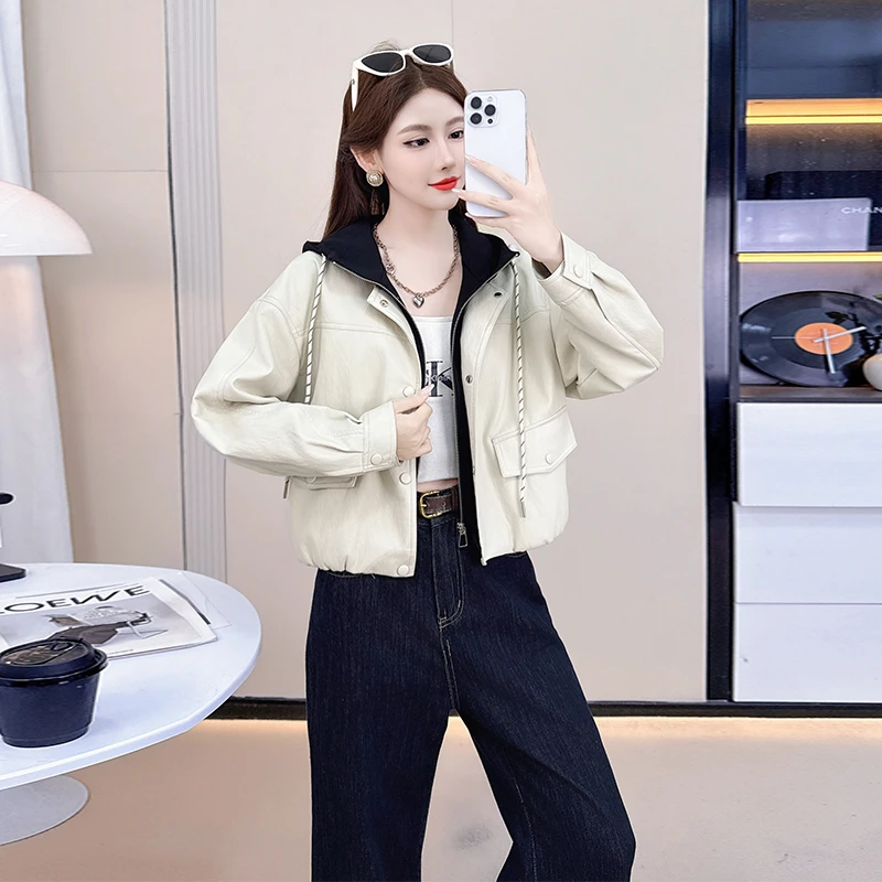 皮衣外套秋季新款洋气显瘦假两件连帽PU皮夹克休闲百搭上衣25061