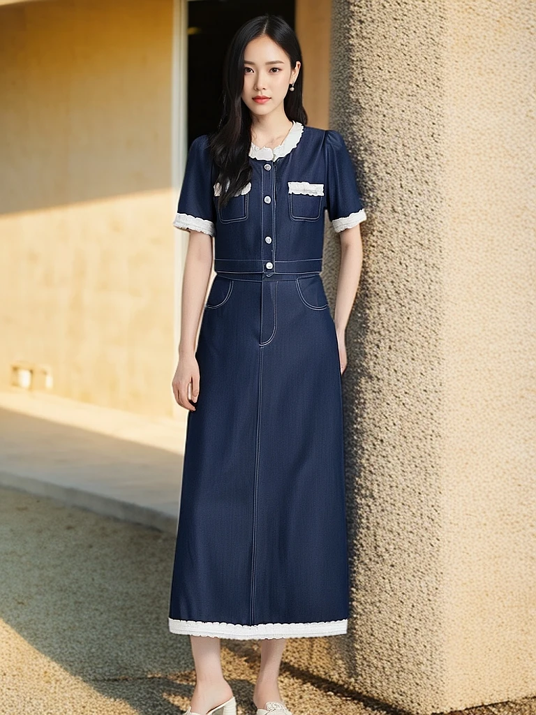 时尚牛仔套装裙女夏季新款蕾丝拼接短袖上衣高腰半身裙洋气两件套