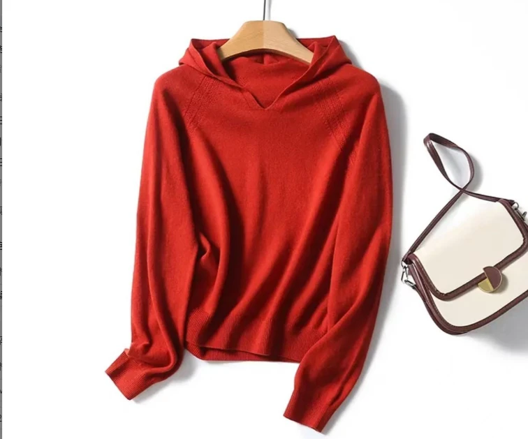 HUANGXIAOXI 纯色连帽款一线成衣绵羊毛衫针织衫 橘红