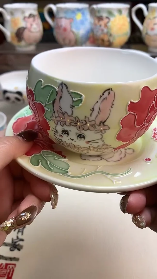 一味*手绘*锦兔衔丹*咖啡杯
