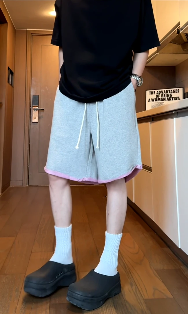 美式小众毛圈重磅短裤男夏季外穿卷边直筒中裤运动跑步休闲五分裤