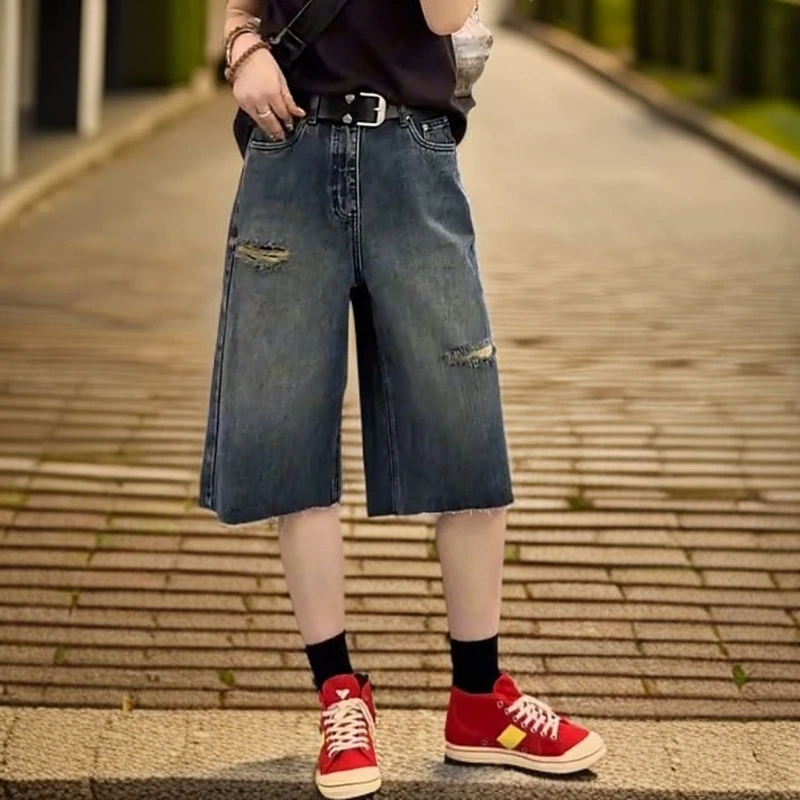 2025年夏季新款爆款显瘦时尚六分裤宽松阔腿牛仔裤女百搭洋气裤子