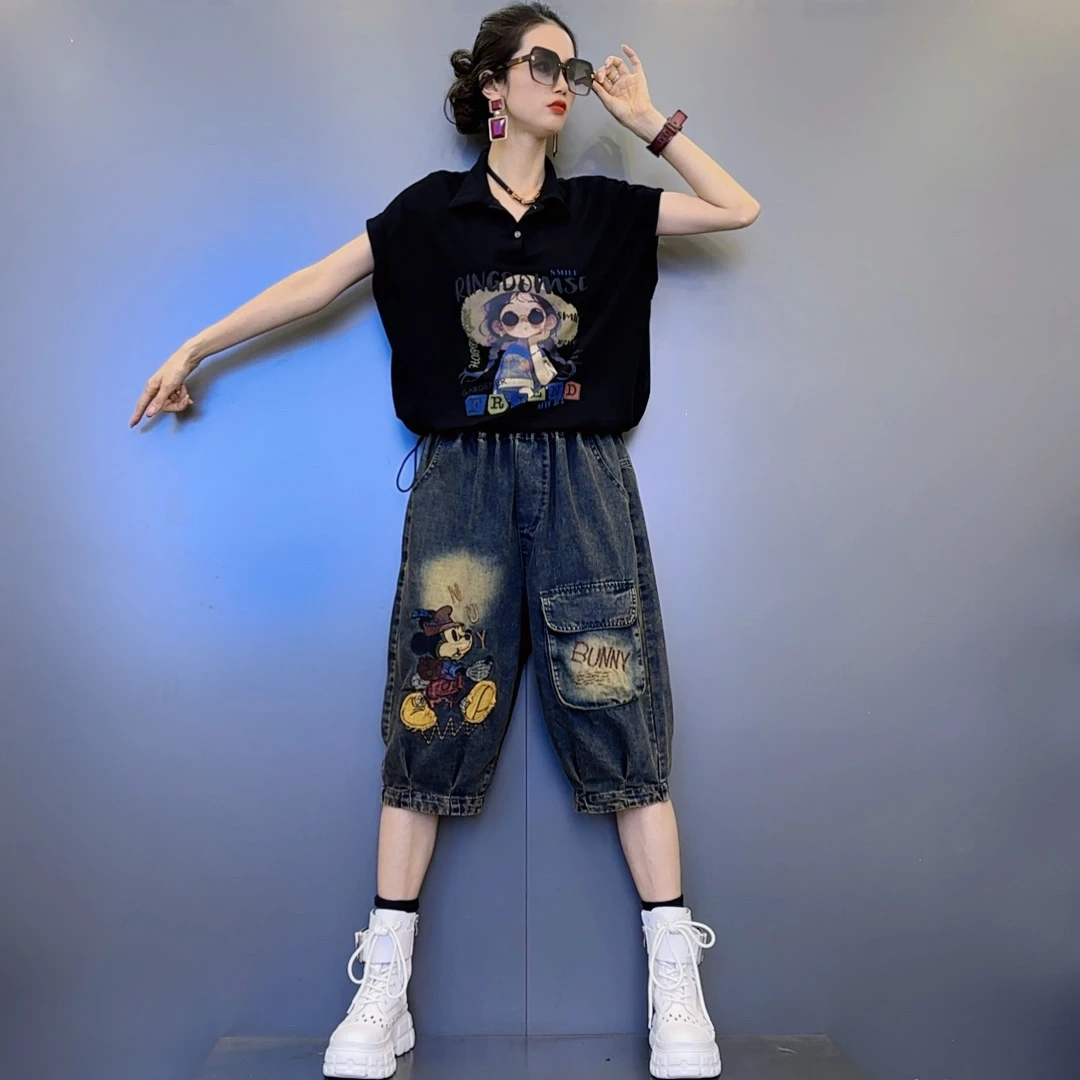 X5夏款六个色卡通印花【黑 白 红】色短袖-复古水洗软牛仔中裤