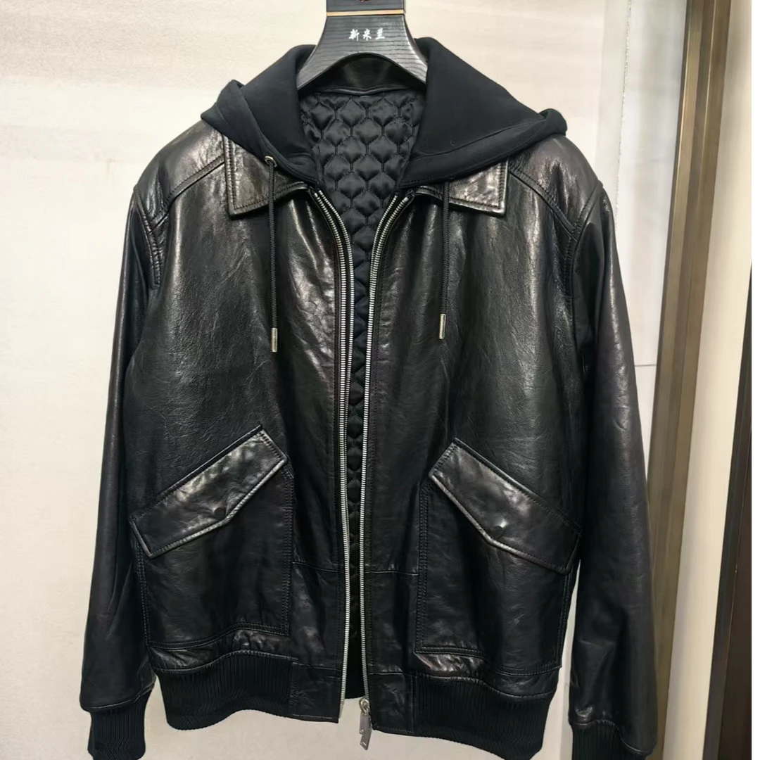 24冬季男士假两件带帽皮衣