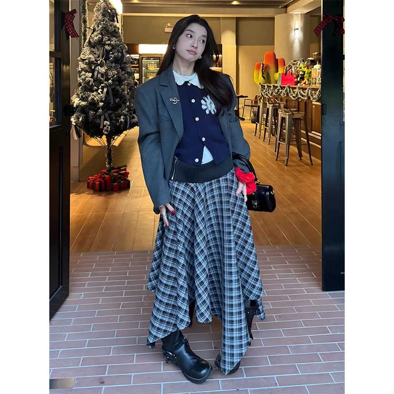 复古不规则格纹拼接半身裙女2025新款秋冬显瘦松紧腰半裙百褶裙女