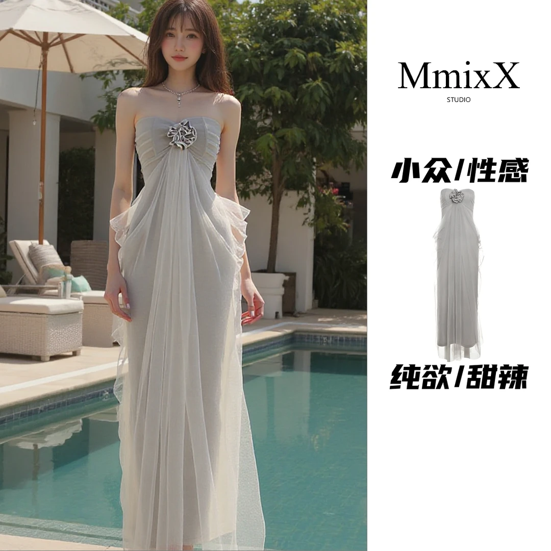 优雅气质高级感名媛宴会透视玫瑰抹胸绝美后妈时尚收腰显瘦连衣裙