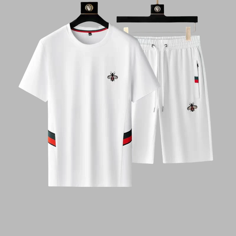 简纳曼克奢华短裤套装男夏季短袖刺绣宽松两件高端休闲运动两件套