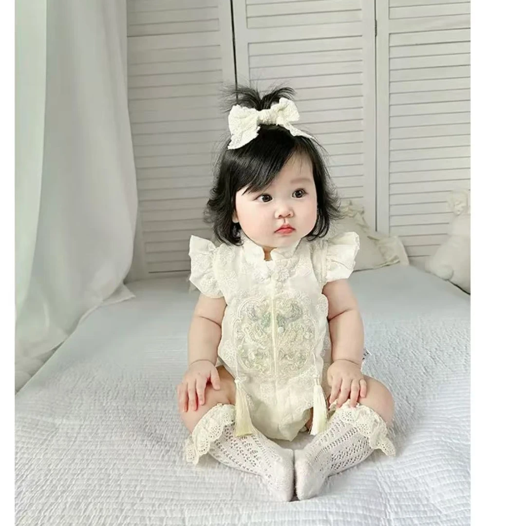 婴儿短袖夏季薄款女宝宝中国风甜美可爱公主连体衣哈衣中式外出服