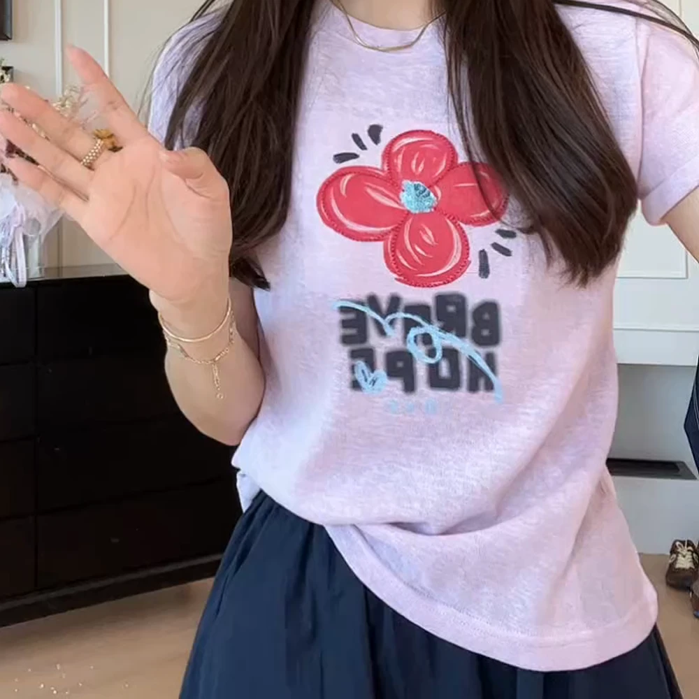 夏季休闲简约时尚百搭花朵印花短袖T恤女修身粉色短款上衣圆领