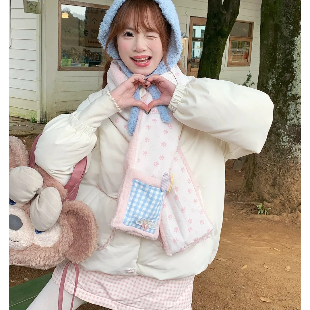 奶酪汪汪 甜妹少女风冬日氛围感立领保暖棉服格子半裙围巾三件套