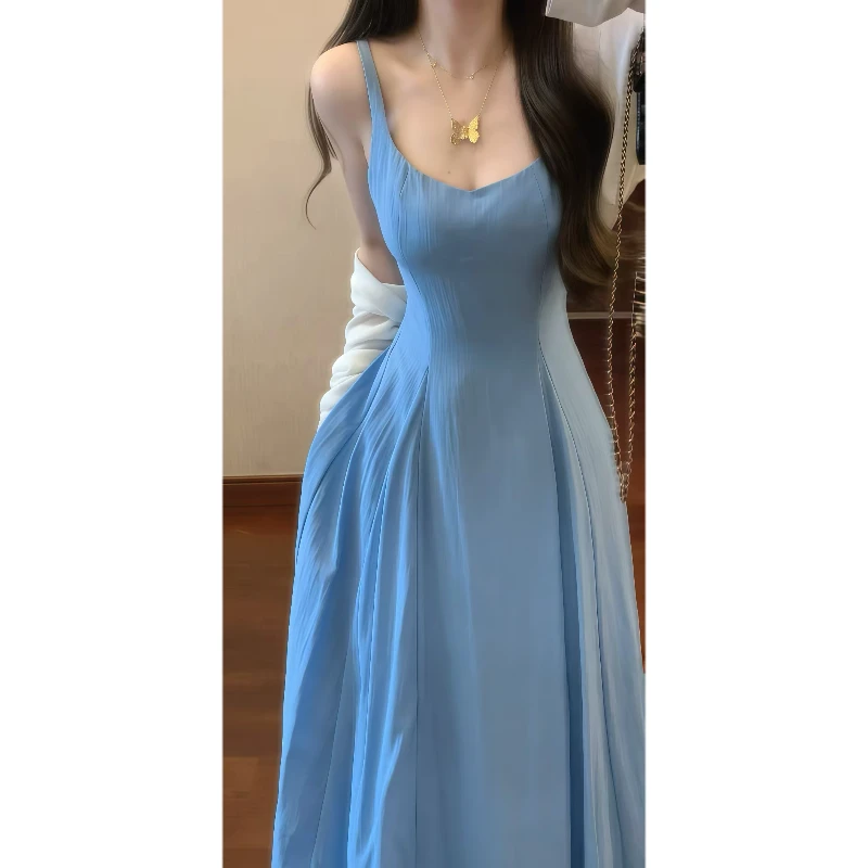 春季温柔甜美气质蓝色吊带连衣裙&针织开衫洋气约会气质长裙9090
