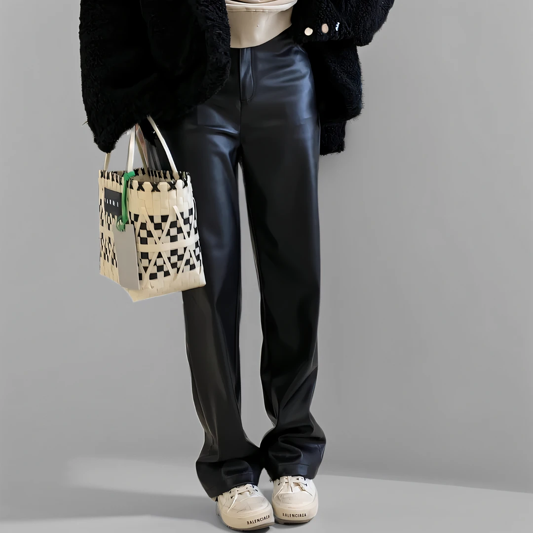 rose同款秋季女高腰休闲宽松直筒窄版阔腿加长拖地裤pu高级感皮裤