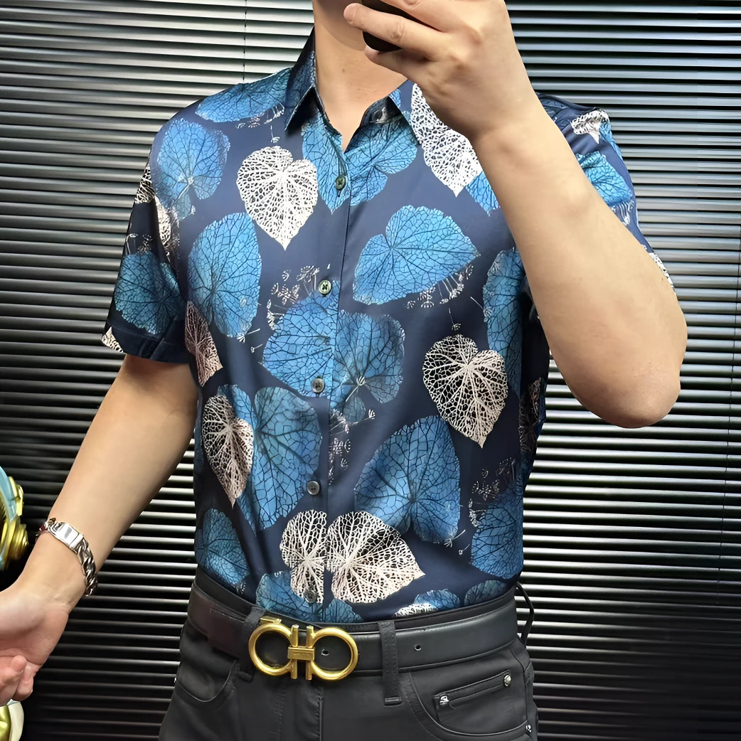 FLD甄选桑蚕丝高弹力免烫百搭休闲网红男士花卉印花短袖衬衫2081