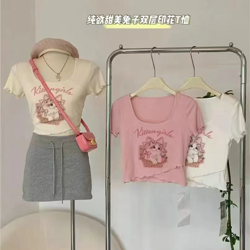 Yi+时尚感气质短袖可爱风洋气打底T恤短款上衣百搭显瘦甜美夏季