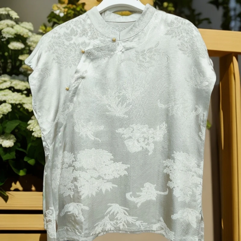 玉竹】新中式斜襟常规夏季立领衬衫提花薄款气质优雅上衣409