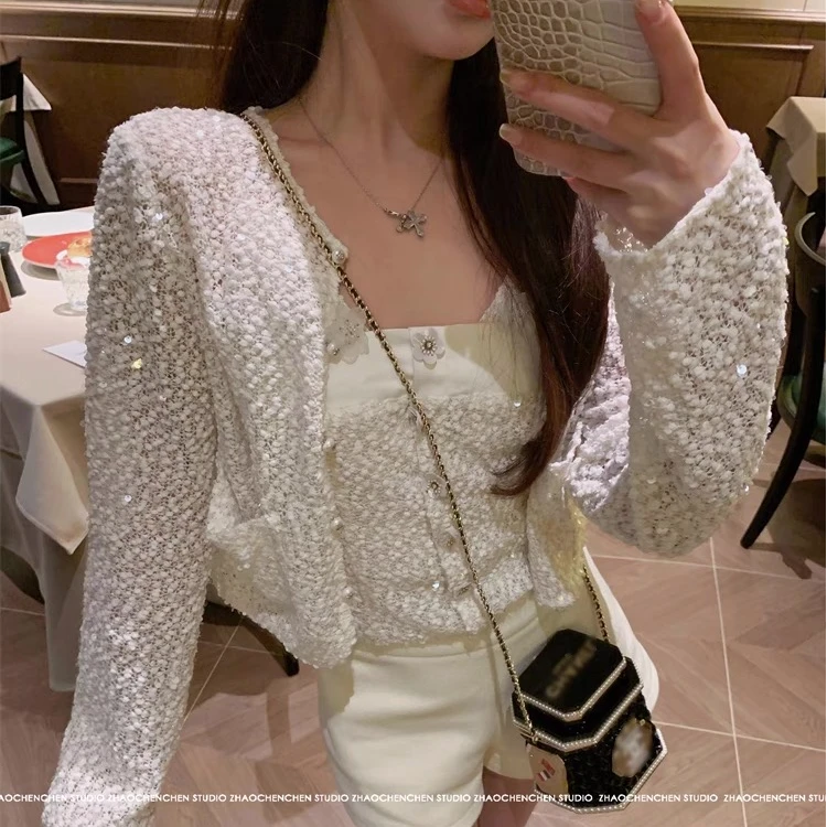【大大钱】小香风镂空亮片针织开衫女春秋法式高级感外套