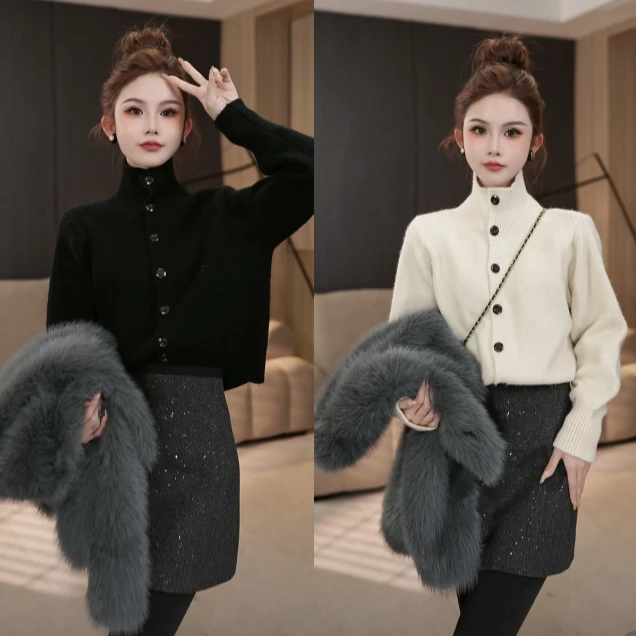 韩系半高领新款卷边设计感小众气质针织开衫上衣