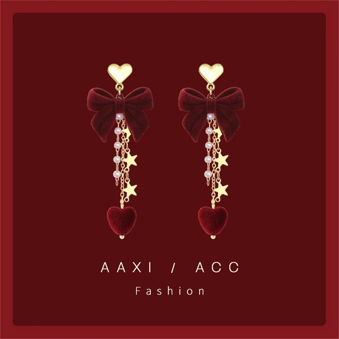 合金耳饰 新年耳钉红色过年耳饰爱心蝴蝶结耳钉无耳洞耳环耳夹女