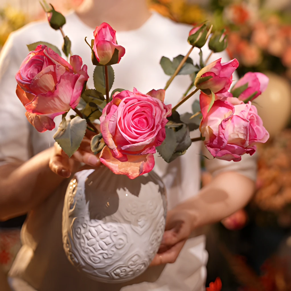 亮粉色 焦边玫瑰花 餐桌花 客厅花 仿真花 简约奶油风摆放花艺