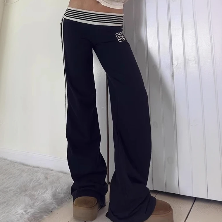 美式街头条纹腰头休闲裤女低腰直筒修身显瘦针织阔腿裤拖地长裤子