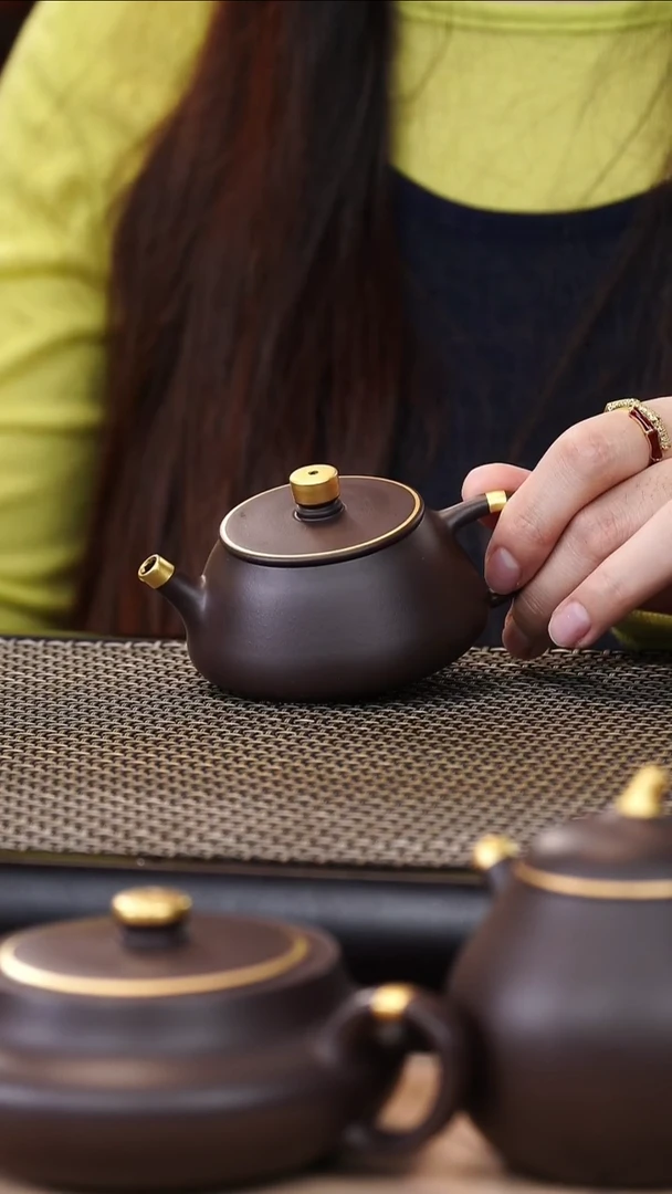 茶壶紫砂四号井茄皮紫泥描金平盖石瓢120cc