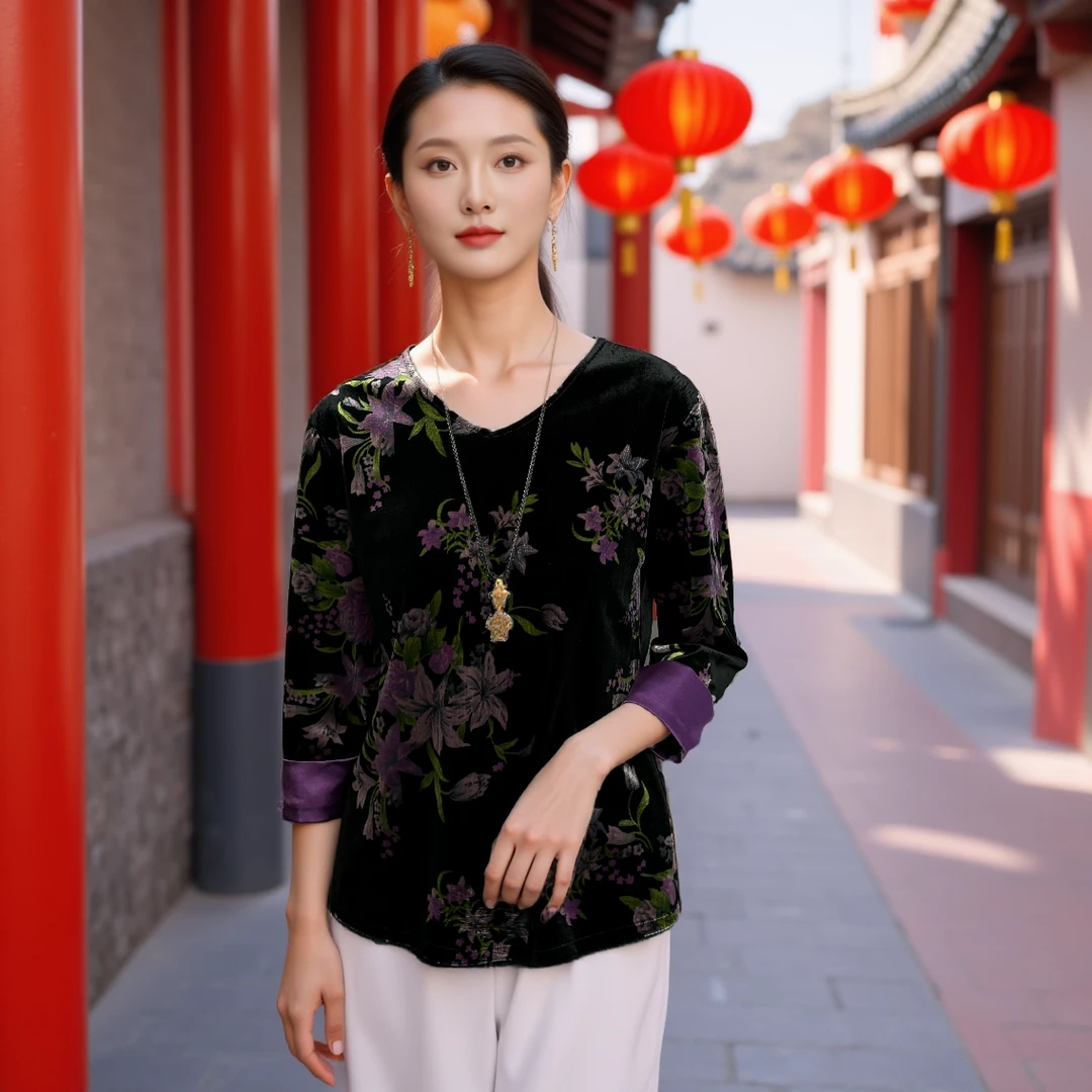 丝绒碎花打底衫新款国风V领气质显瘦五分袖拼接小衫12119