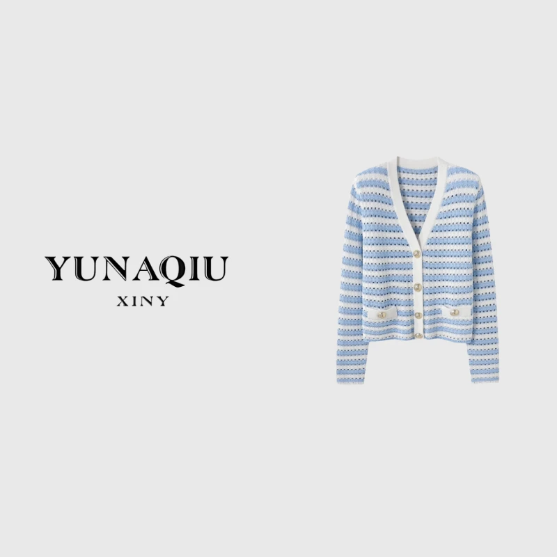 KUNGE- 奶蓝色拼接V领长袖时尚女装金属扣镂空针织开衫外套-8802