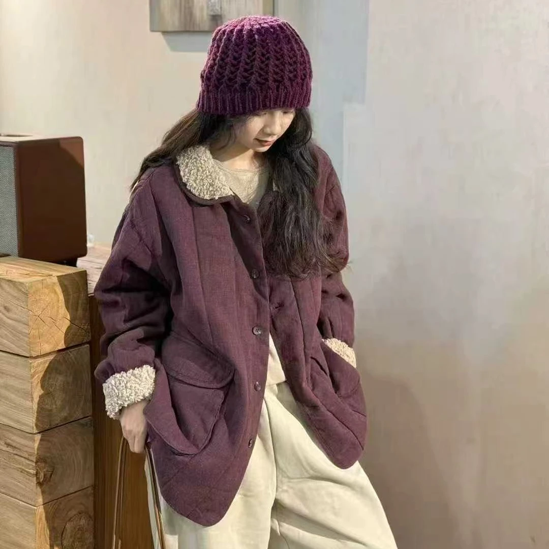 冬季新款亚麻纯色夹棉毛领中长款棉服外套