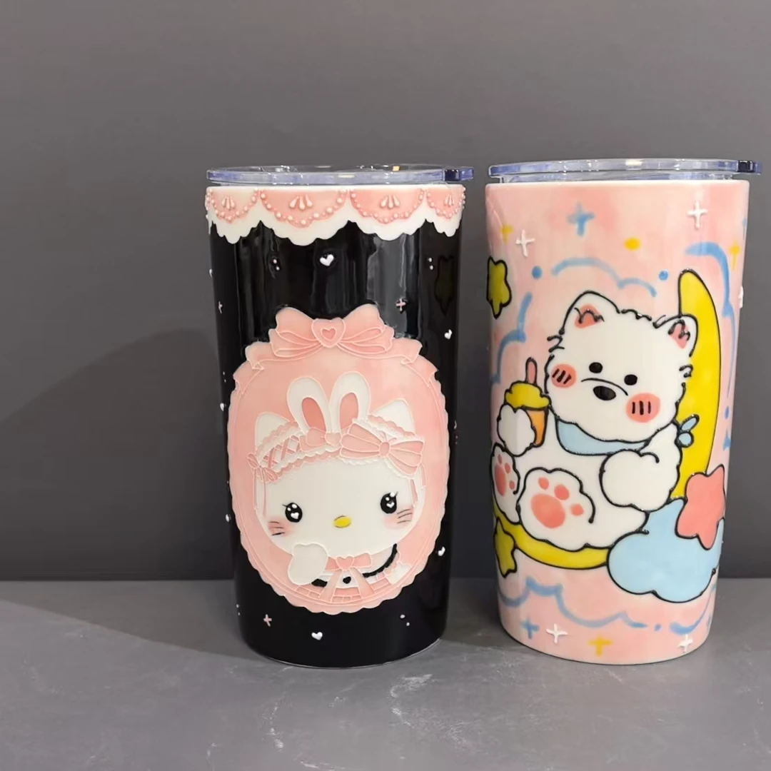 A233粉黑卡通直筒陶瓷杯
