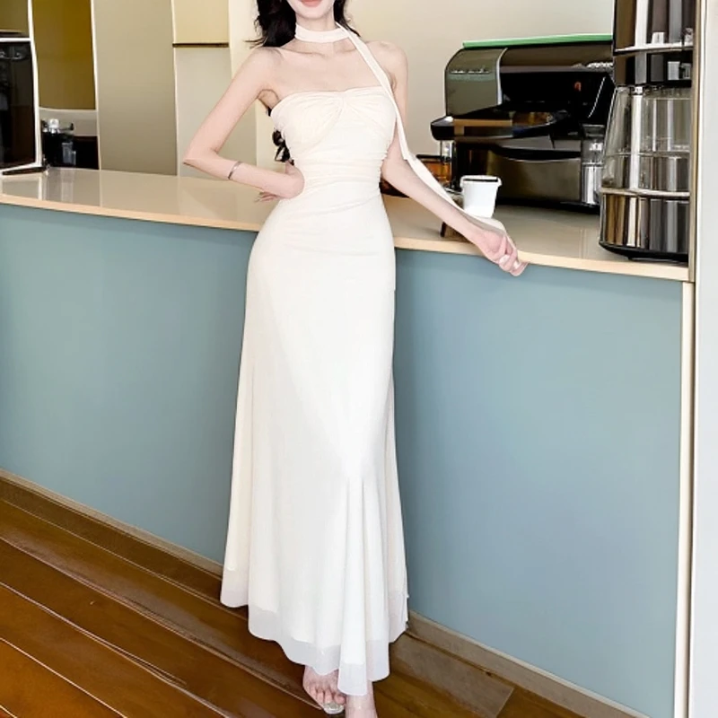 f8/C220【元元】性感纯欲气质飘带网纱拼接连衣裙女多种穿法长裙