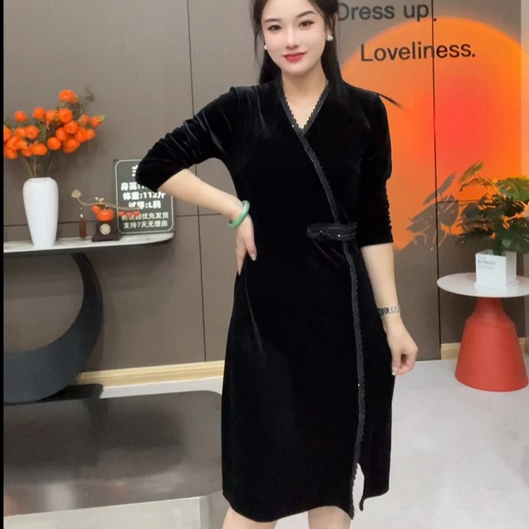 丝绒长袖秋款气质连衣裙2982#