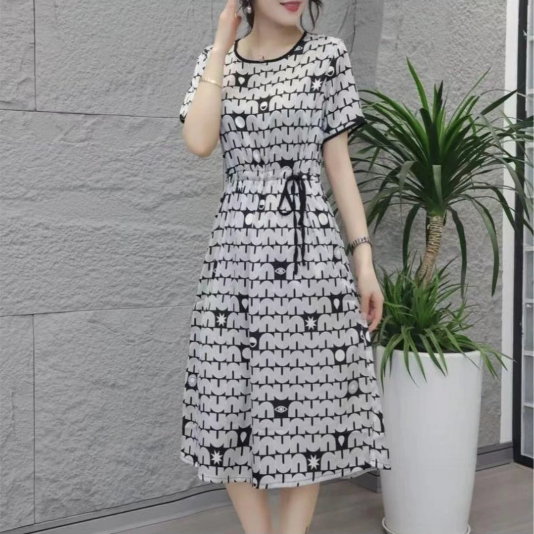 0452透气裙子妈妈装冰凉一夏高贵新款妈妈装洋气收腰过膝法式