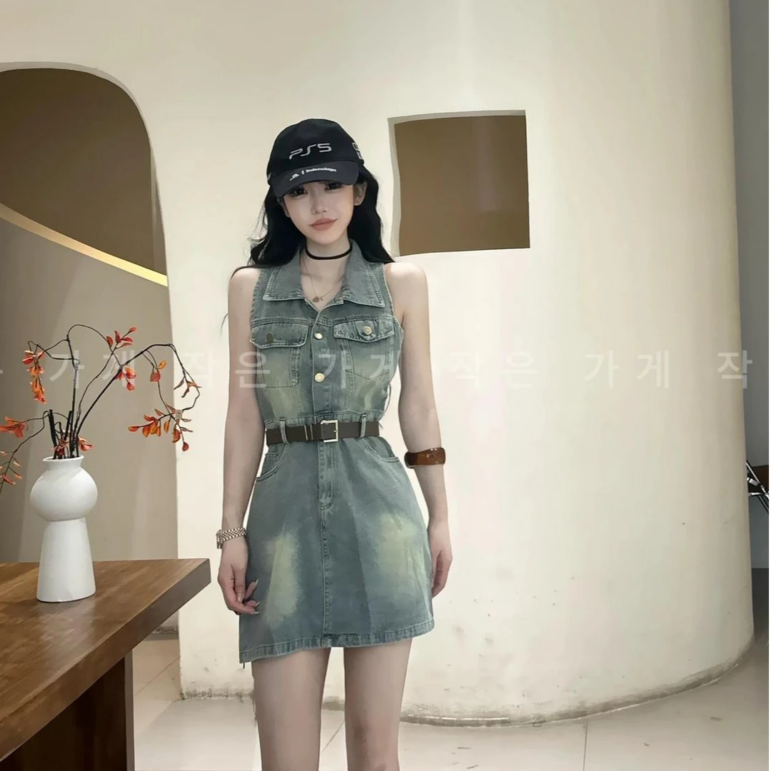 无袖美式复古翻领牛仔裙牛仔连衣裙2025夏季新款修身收腰显瘦