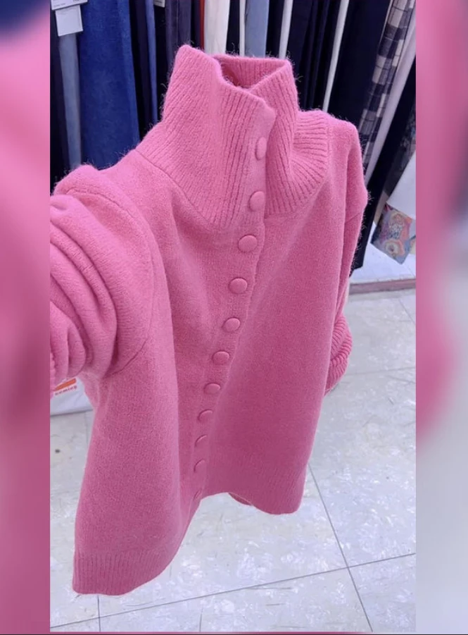 甜美风小众设计感高领单排扣针织开衫女2025秋季新款气质减龄上衣