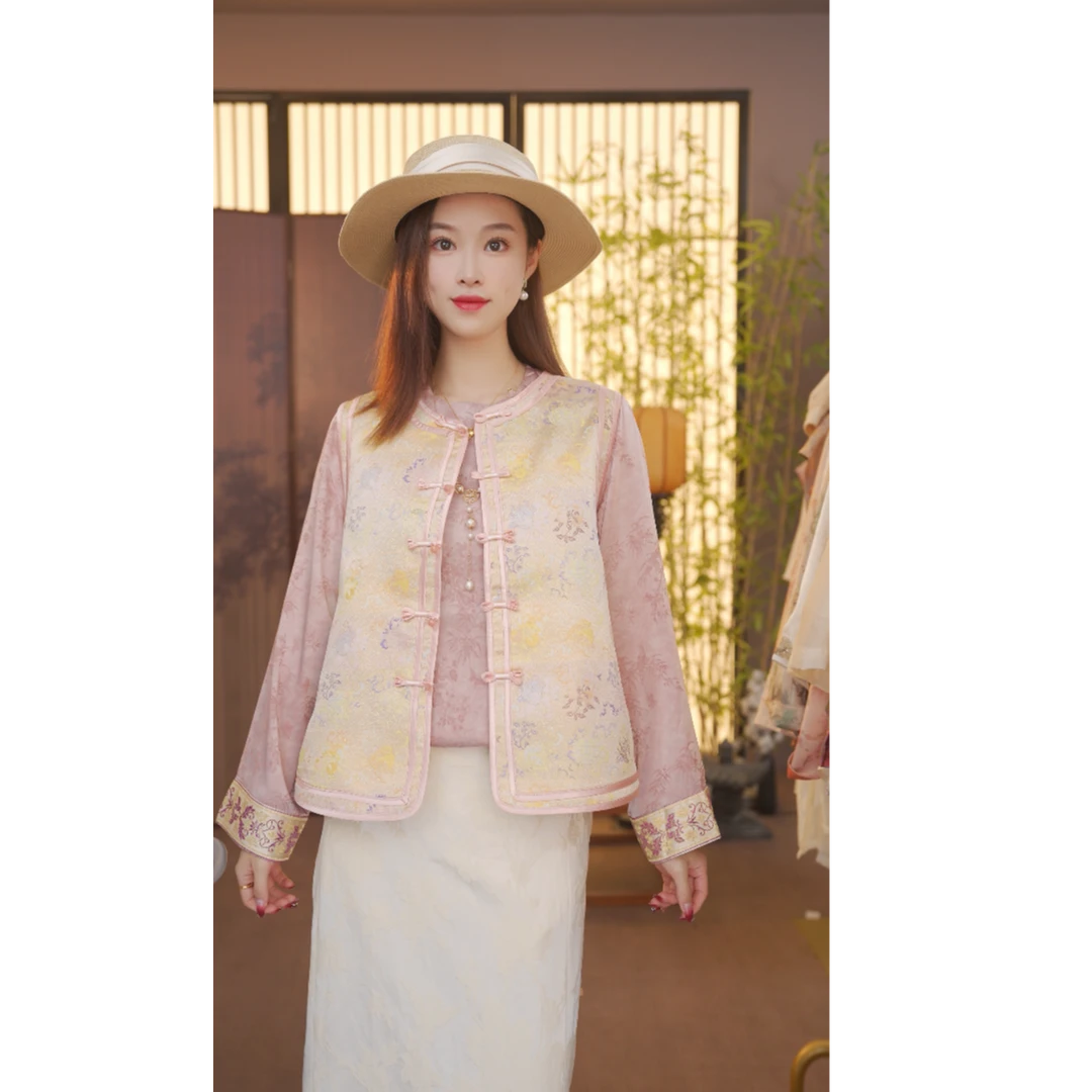 CJ【锦绣】新款中国风粉色百搭上衣立领复古锦绣马甲YY25083003