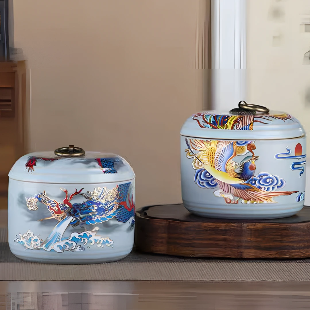 天青汝窑龙凤茶叶罐两只装ZHZ017