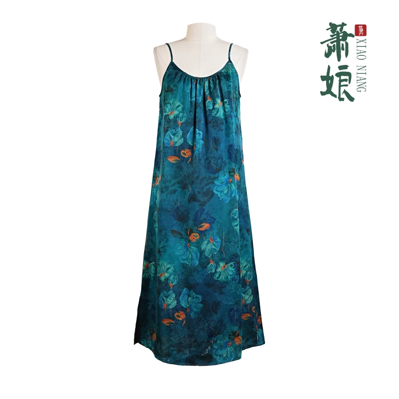 【悦澜】桑波缎红云纱连衣裙长吊带桑蚕丝连衣裙显瘦女裙1826